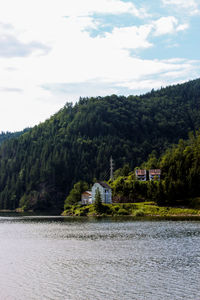 Scenic view of lake by building against sky