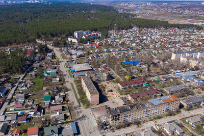 The aerial view of the destroyed and burnt buildings. the buildings were destroyed by rockets.