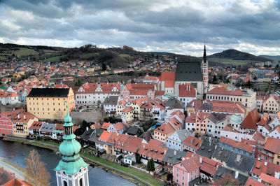 High angle view of town against sky