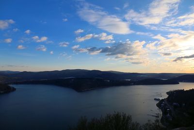 Scenic view of lake against sky during sunset