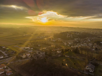 High angle view of townscape against sky during sunset