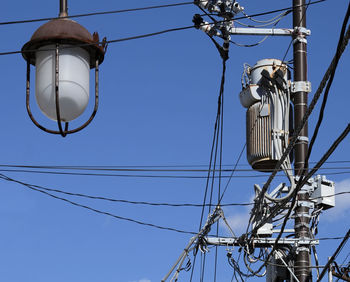 Power lines in japan against the blue sky