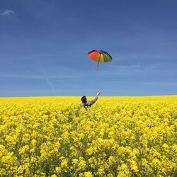 Man catching colorful umbrella on oilseed rape field against sky