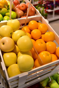 High angle view of oranges in basket for sale at market stall