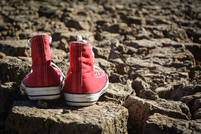 Red canvas shoes on rocks