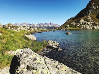 Scenic view of bay against clear sky