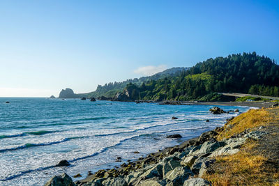 Scenic view of sea against clear blue sky