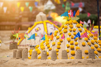 Multi colored umbrellas on temple