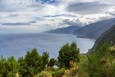 Scenic view of sea and mountains against sky