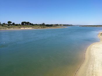 Scenic view of sea against clear blue sky