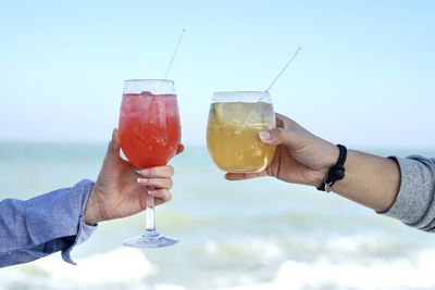 Midsection of man holding wineglass against sea