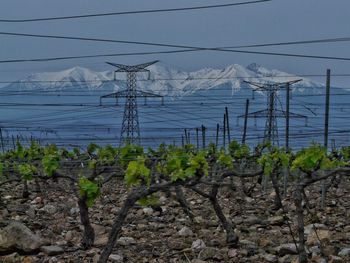 Electricity pylon on field against sky