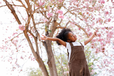 Low angle view of child standing on pink flowering tree