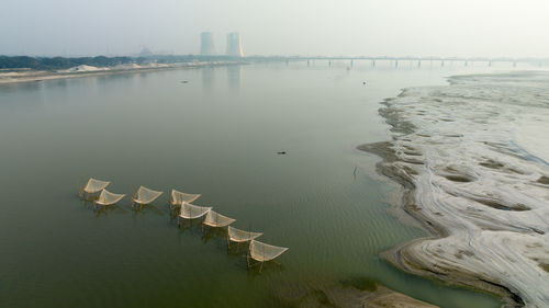 High angle view of sea against clear sky