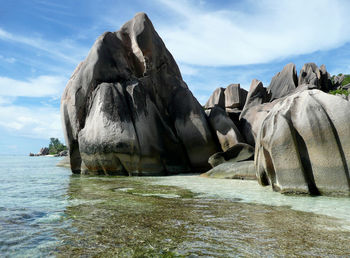 Panoramic view of rock formation by sea against sky