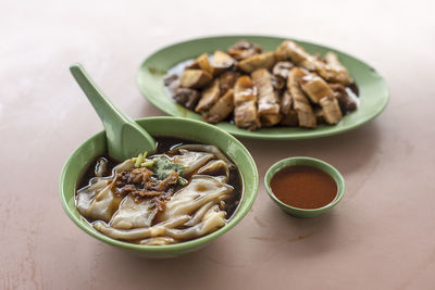 High angle view of food in bowl on table