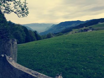 Scenic view of field and mountains against sky