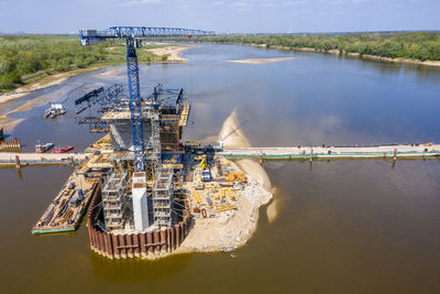 Bridge under construction. aerial view. crane