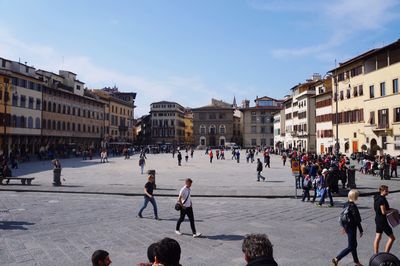 High angle view of people in city