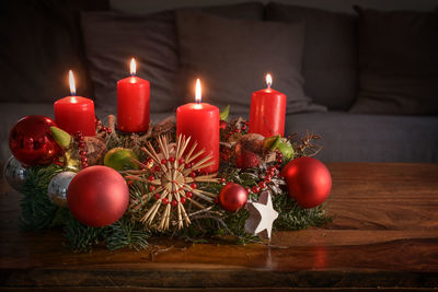 Close-up of christmas decorations on table