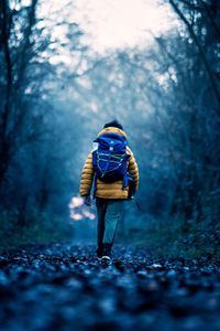 Rear view of man walking on footpath