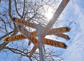 Low angle view of road sign against sky