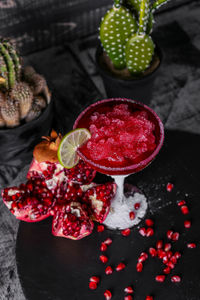 High angle view of strawberries on table