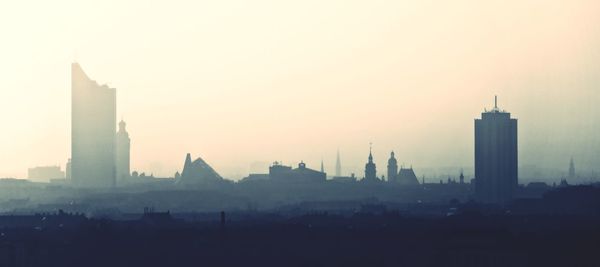 Panoramic view of buildings against sky during sunset