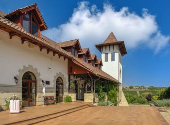 Modern winery chateau purcari in purcari village, moldova, on a sunny autumn day