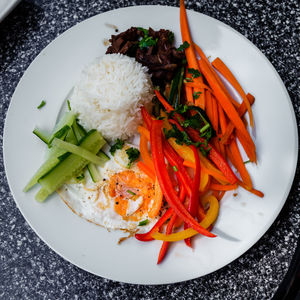 High angle view of food served in plate