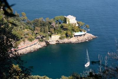 High angle view of sailboats by sea