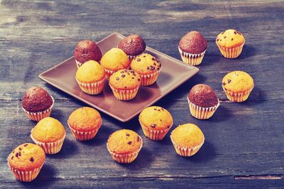 High angle view of cupcakes on table