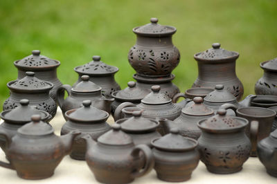 High angle view of candles in container