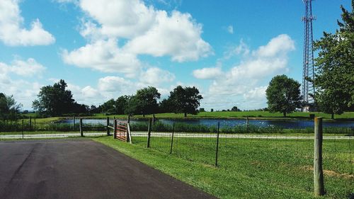 Scenic view of soccer field against sky