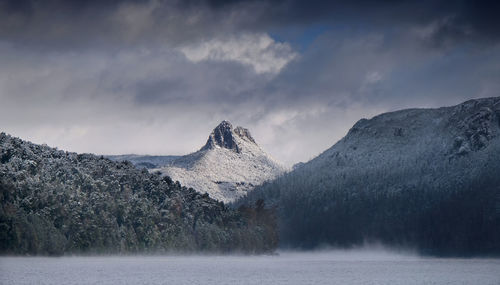 Scenic view of snowcapped mountains against sky during winter