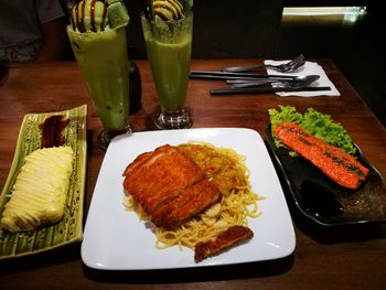 High angle view of food in plate on table