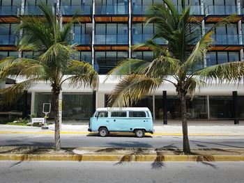 Bus in front of buildings in city