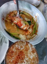 High angle view of seafood in plate on table