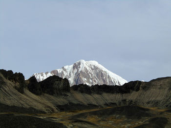 Scenic view of snowcapped mountains against clear sky