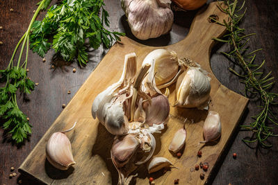 High angle view of vegetables on cutting board