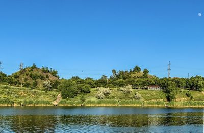 Scenic view of lake against clear blue sky