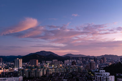 Buildings against sky at sunset