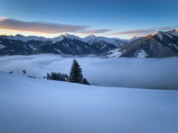 Scenic view of snow covered mountains against sky