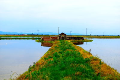 Scenic view of river by field against sky