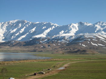 Scenic view of mountains and lake against clear sky