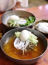 High angle view of soup in bowl on table