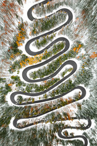 Aerial view of cars on winding road in winter forest
