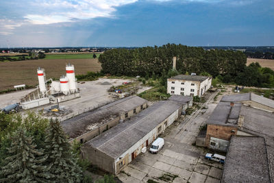 High angle view of buildings against sky