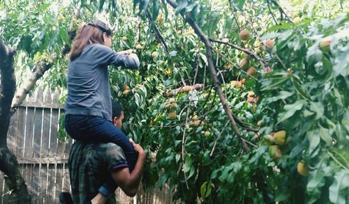 Woman standing by tree trunk