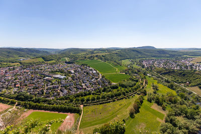 High angle view of trees on landscape against sky